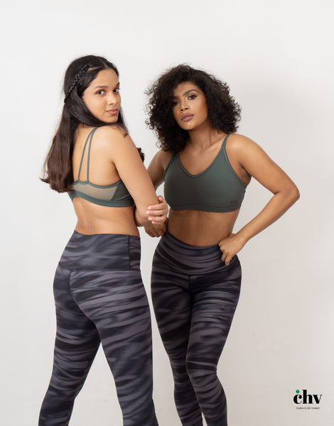 Fir Green Coloured Sports Bra by Clubhouse Vivaldi Medium Impact Support Back and Front View